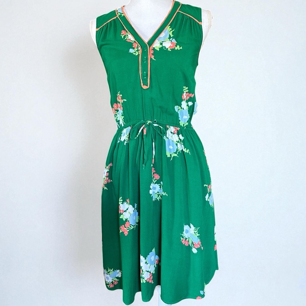 ModCloth Womens Retro Green Floral Sleeveless Mini Dress Elastic Tie Waist Small